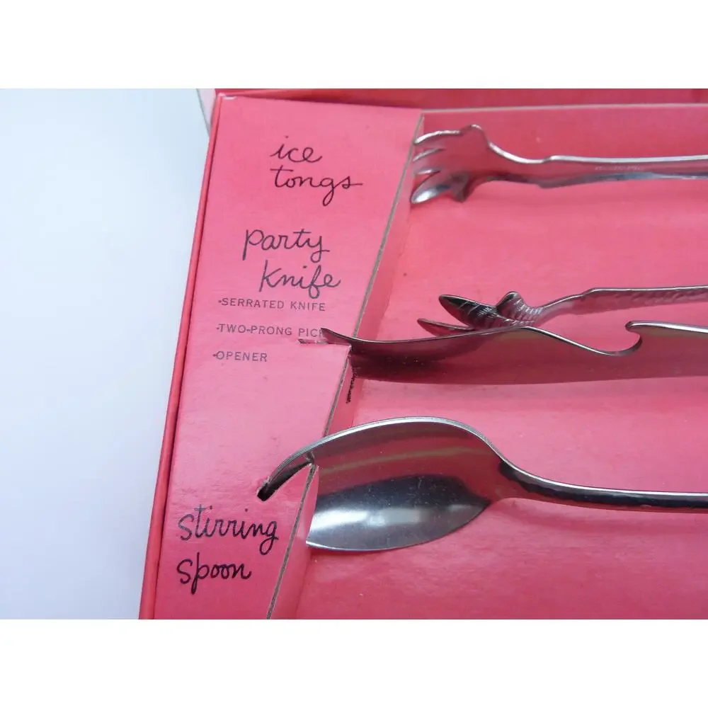 Vintage Stainless Steel Party Trio Tongs Spoon Set Housewarming Gift Spring